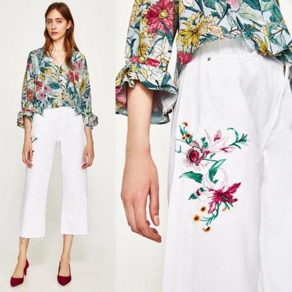 Zara Denim - Zara White Embroidered Floral Culottes